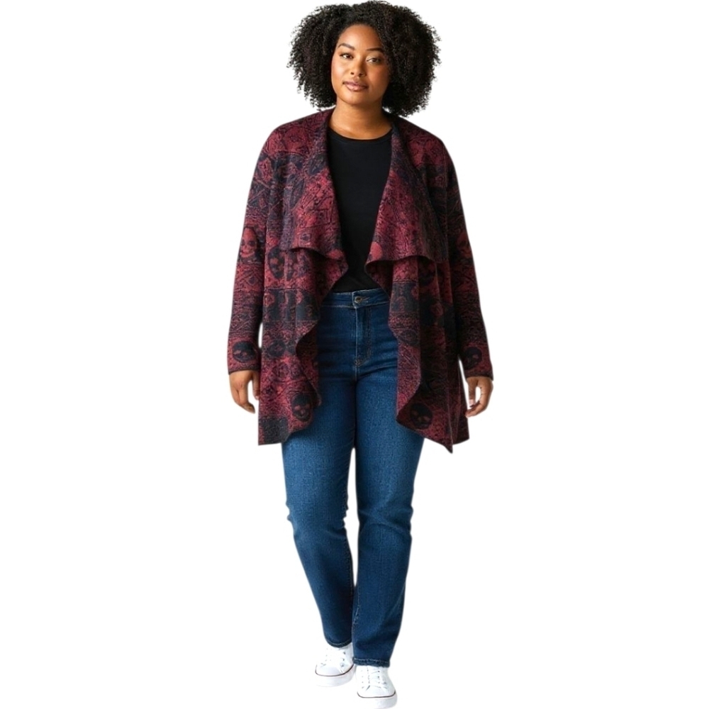 TORRID Plus Size Vintage  Maroon & Black Skull Ruffled Open Front Cardigan 4X